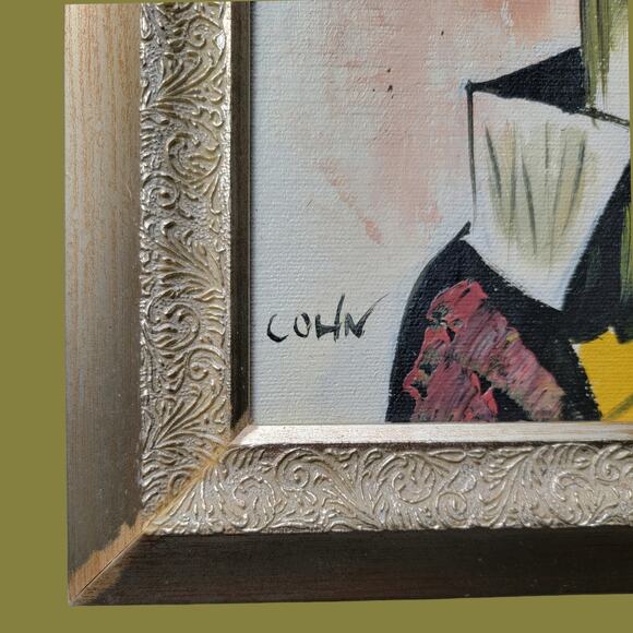 Vintage MCM 1962 Expressionist Clown with Tiny Gold Hat Portrait, Signed Cohn - Picture 3 of 6